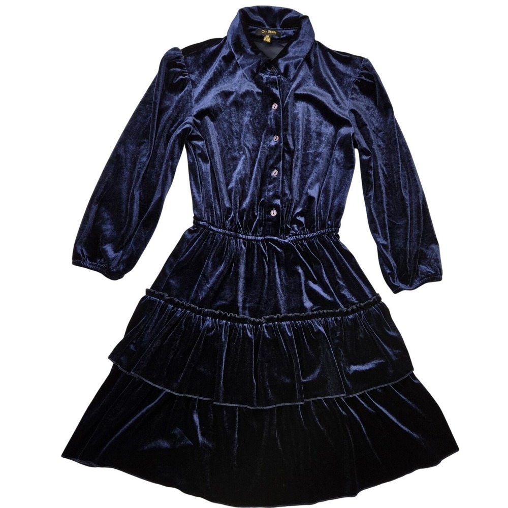 City Studio Deep Blue Velvet XS Fit & Flare Tiered Holiday Western Style Dress
